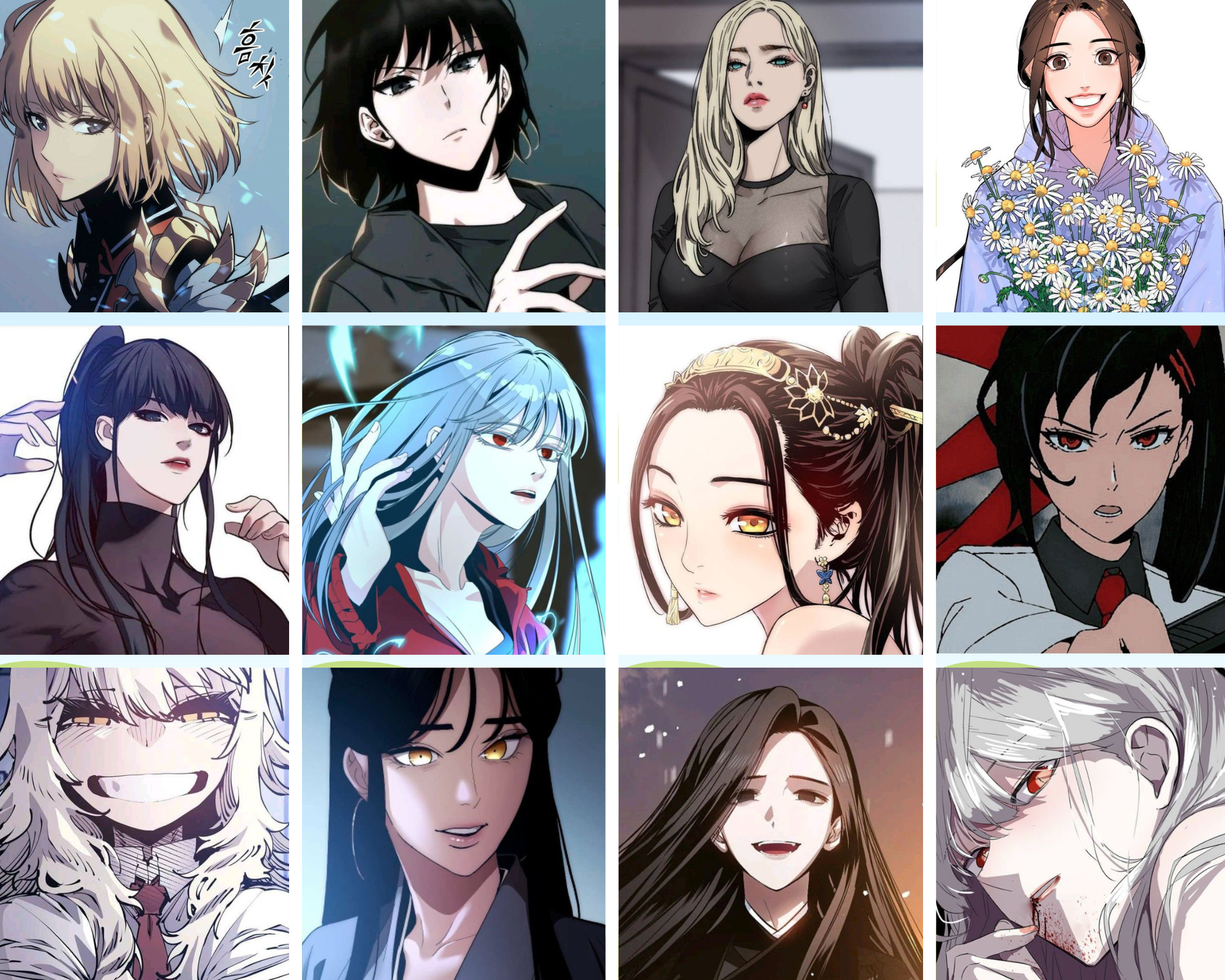 Diverse Korean manhwa characters showcasing different art styles and genres
